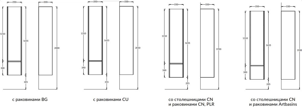 Пенал MODULA подвесной 165 с дверцей и ящиком, белый глянцевый