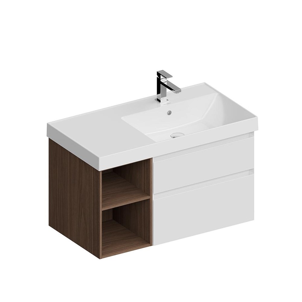 KERAMA MARAZZI CUB.90.2Rh/WHTM.N  Тумба CUBO правая подвесная с ящиками 90, белая матовая- структ.орех